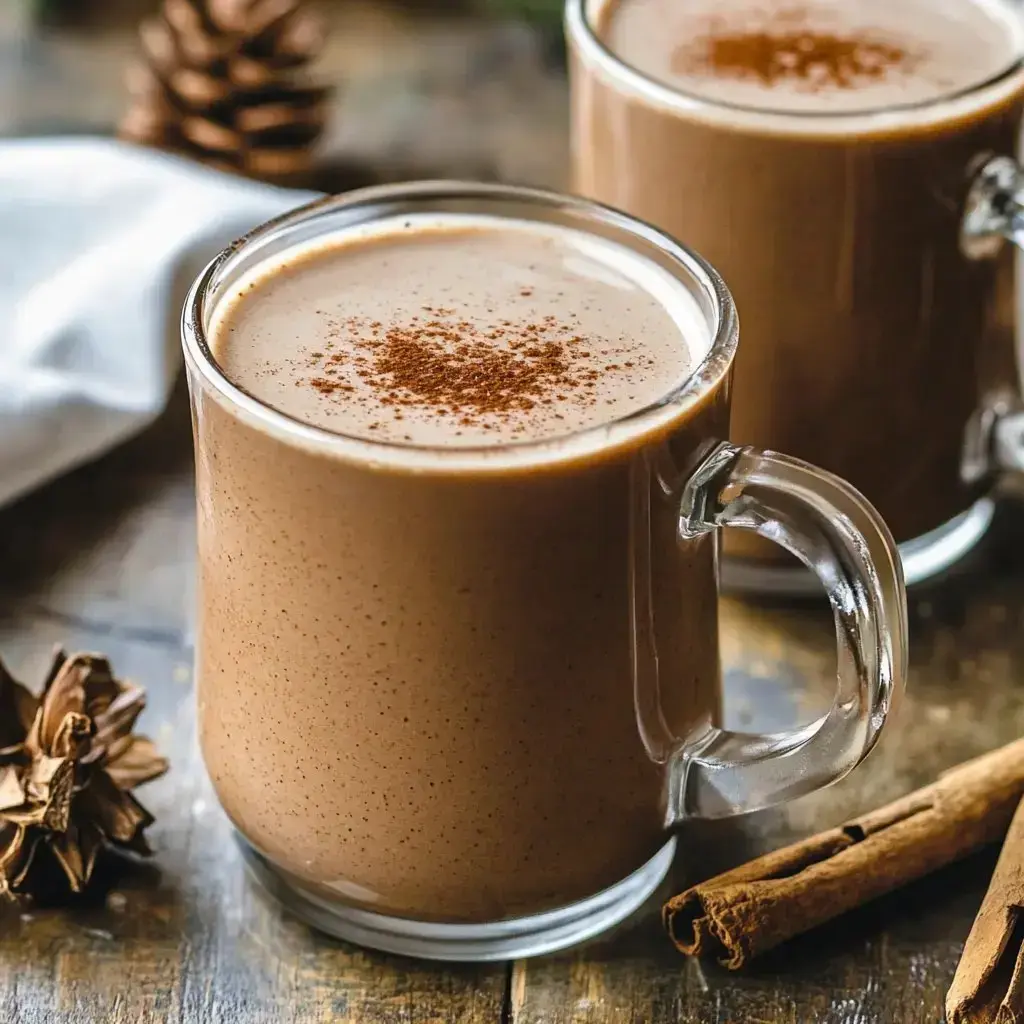 Two mugs full of thick spiced cocoa sit on a wood table, dusted with cinnamon and surrounded by pinecones, with a cinnamon stick on the side.