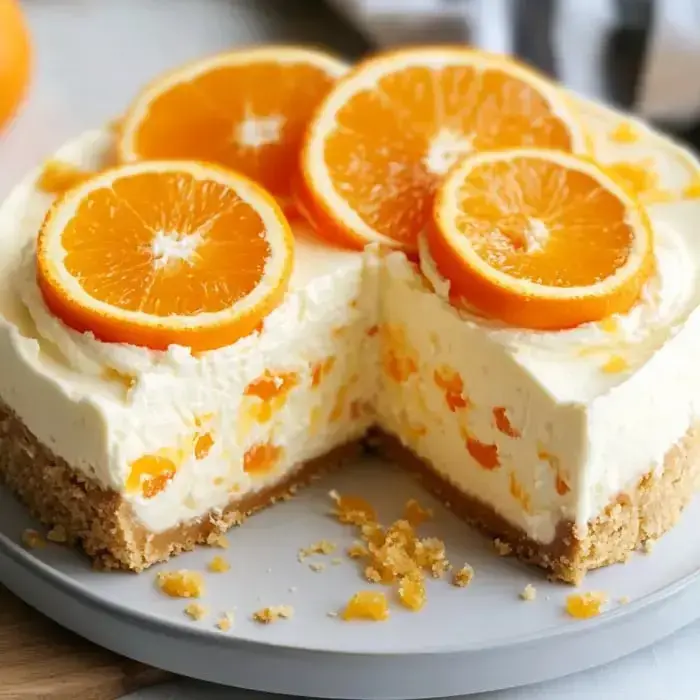 Orange cheesecake with creamy layers and mandarin slices on top, ready to eat.