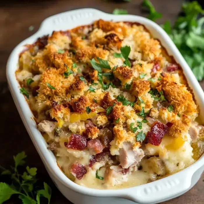 Crunchy, golden casserole with fresh herbs, chicken pieces, and a creamy base peeking through.