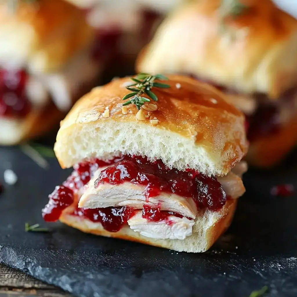 A zoomed-in look at a turkey and cranberry slider with rosemary sitting on a dark stone plate.