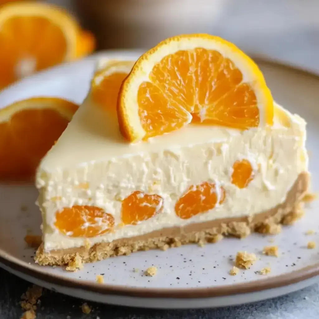 Slice of orange cheesecake on a plate showing bits of mandarin inside and topped with orange slices.