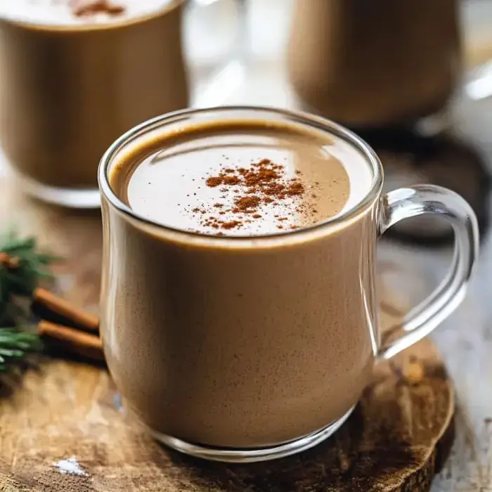 A glass mug loaded with creamy brown cocoa topped off with cinnamon sits on a wood table next to some cinnamon sticks and green branches.
