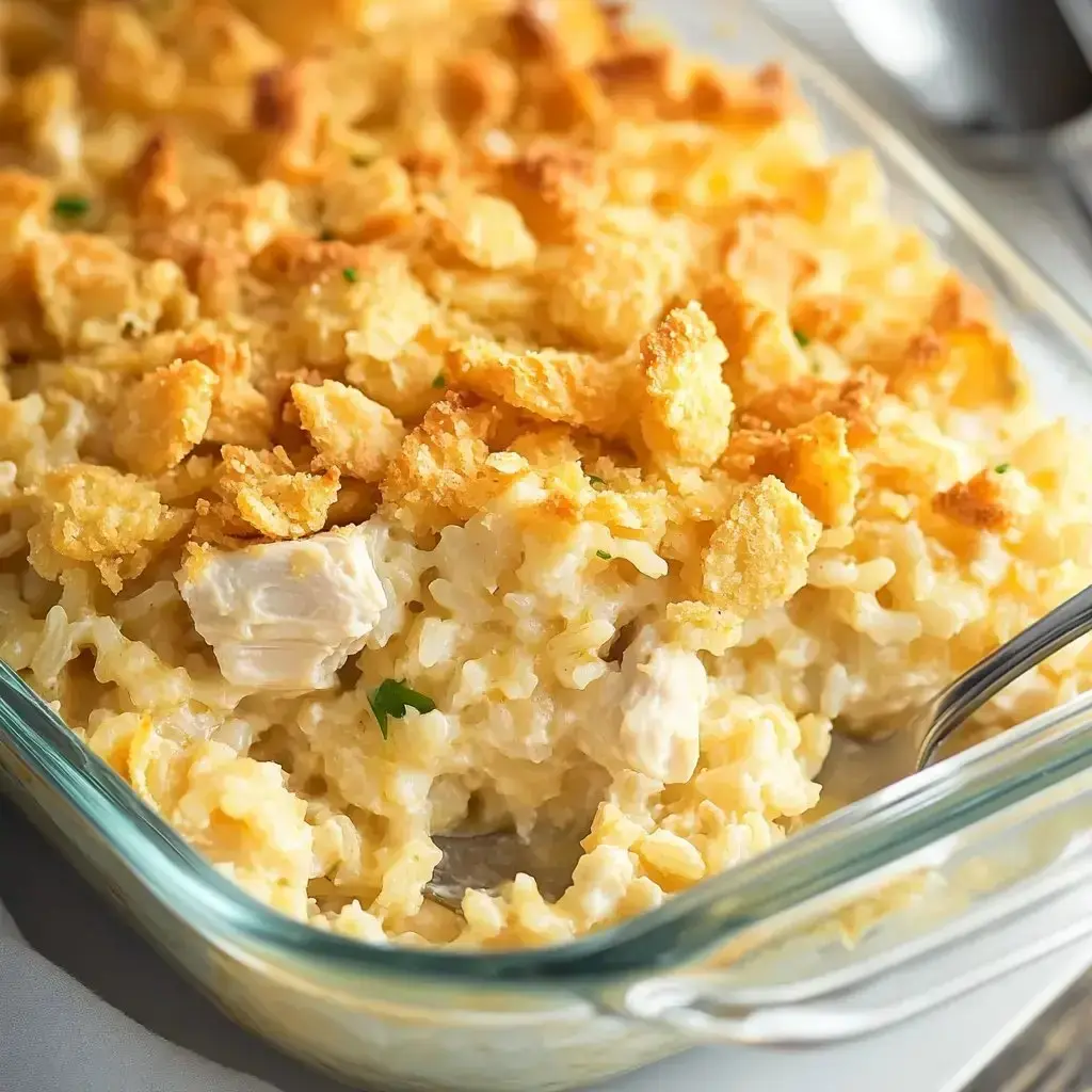 Creamy chicken and rice topped with golden cracker crumbs in a glass casserole dish.