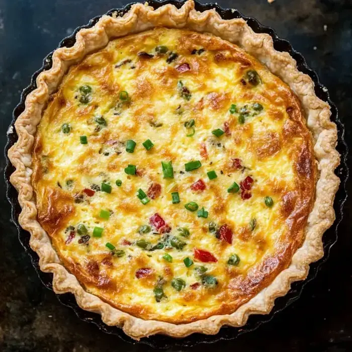 Golden crusted quiche packed with eggs, green onions, melted cheese, and veggies.