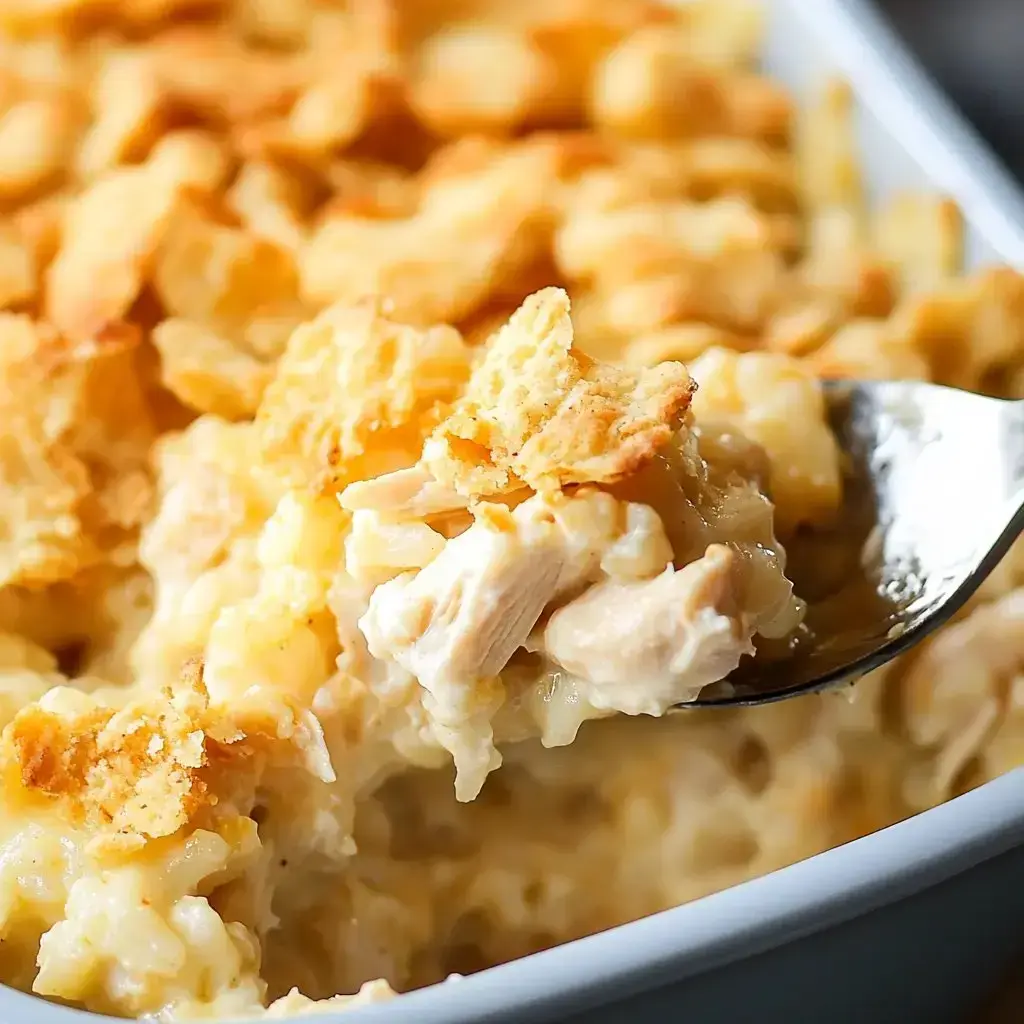 Spoonful of cheesy chicken and macaroni bake with crisp topping on top.