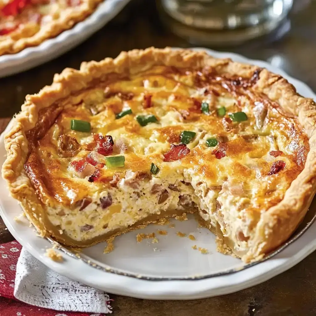 Quiche with crisp edges, cheesy filling, bacon, and green onion, one slice missing.