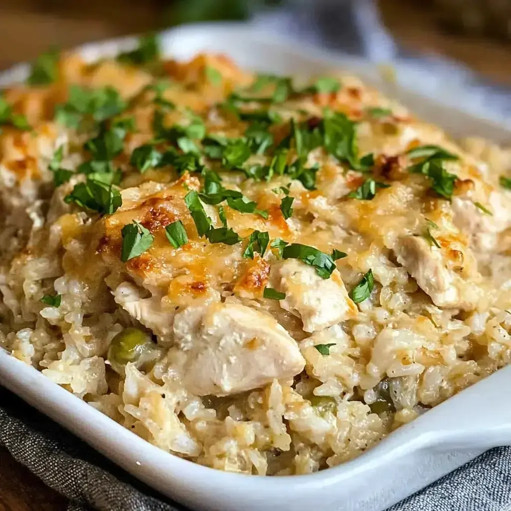 A creamy chicken and rice casserole with parsley sprinkled on top in a white baking dish.