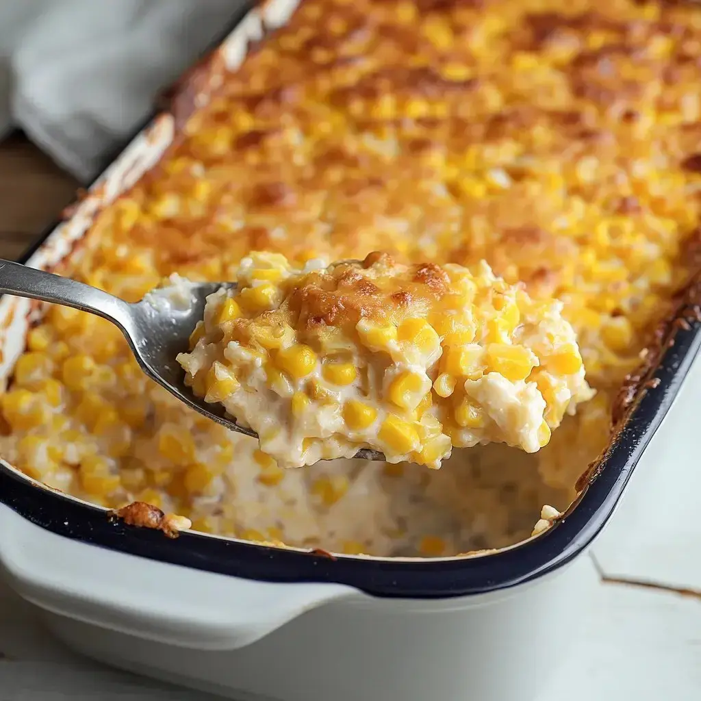 A spoon lifts a scoop from a cheesy corn casserole showing creamy insides and a golden top.