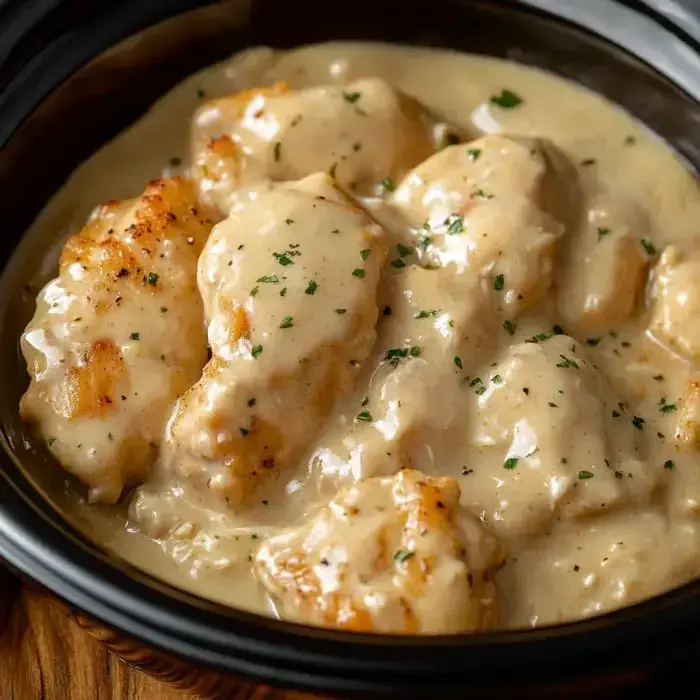 Chicken in creamy sauce with fresh herbs, served in a dark bowl, close-up view.