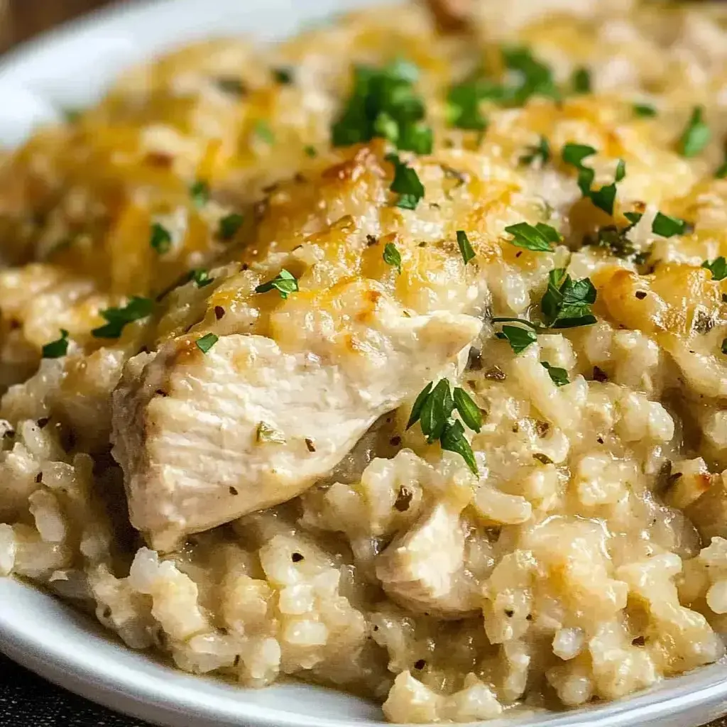 A serving of creamy chicken and rice with parsley scattered on top, all on a plate.