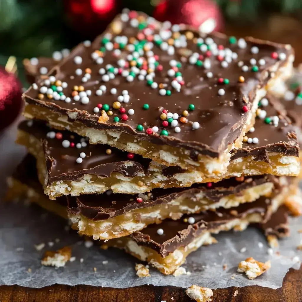 A pile of chocolate-topped toffee bars with bright sprinkles in a holiday setting.