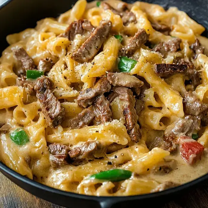 A bowlful of creamy noodles, beef strips, and green bell pepper served in black.