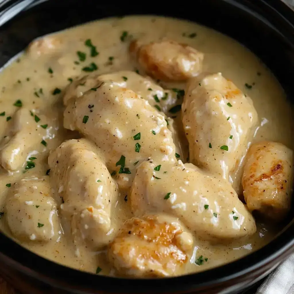 Creamy sauce with dumplings and chopped parsley in a bowl.