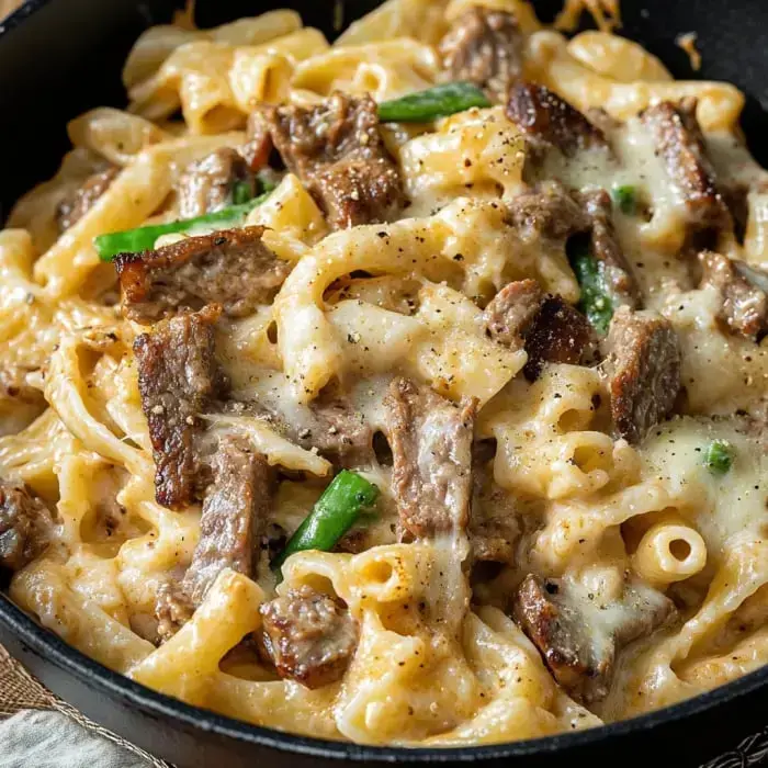 Creamy pasta packed with beef pieces and green peppers, all covered in bubbly cheese.