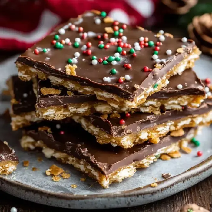 Several chocolate-topped bars dotted with bright sprinkles rest on a gray plate, ready to grab.