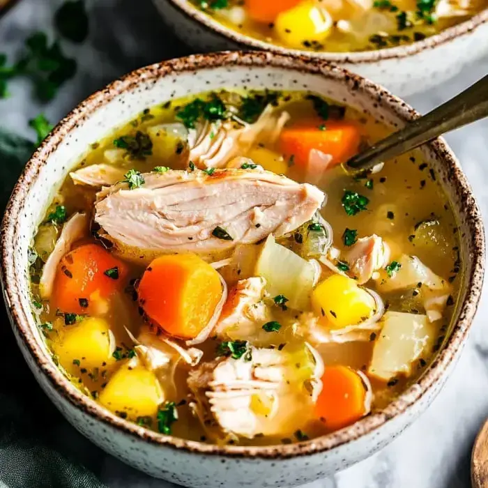 A hearty chicken soup loaded with chopped veggies—carrots, potatoes—topped with lots of fresh herbs.
