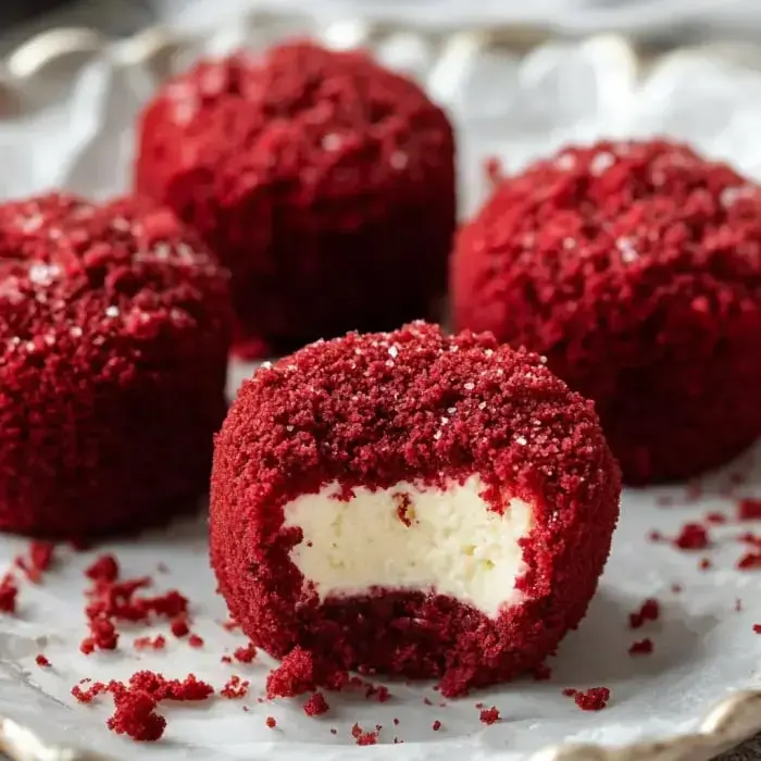 Zoom in on red velvet cake balls, one has a bite out showing its rich white center. They're scattered over a fancy plate.