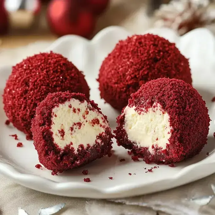 Three red velvet balls rest on a pale plate. One’s split open so you see the creamy center inside.