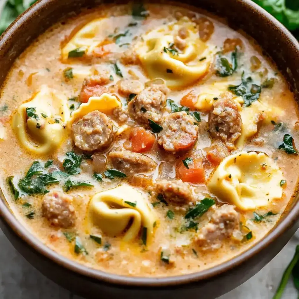 Creamy soup full of spinach, tortellini, sausage chunks, and bright veggies in a bowl.