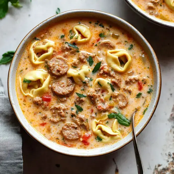 Bowl of creamy soup with chunks of sausage, stuffed tortellini, and fresh herbs on top.