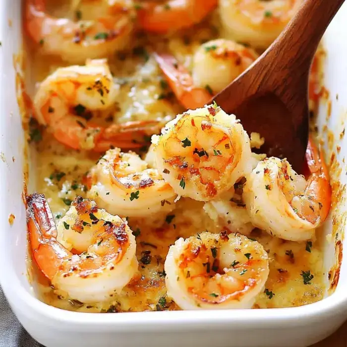 Shrimp baked golden with herbs and panko in a white dish, ready to be scooped up with a wooden spoon.