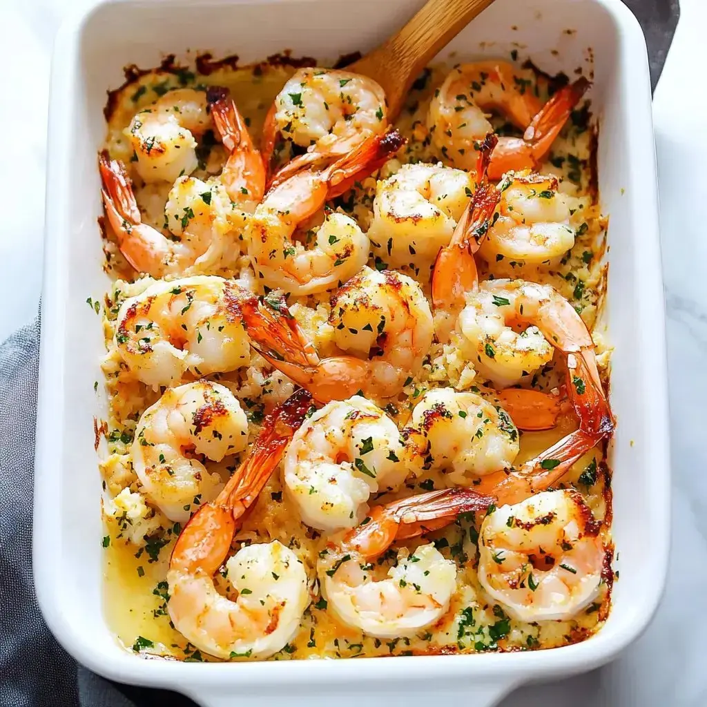 Large juicy shrimp baked with a golden crumb topping and sprinkled with herbs in a white baking pan.
