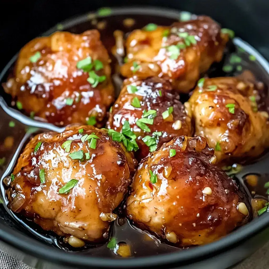 A bowl filled with glossy meatballs and a sprinkle of fresh chopped herbs sitting in a rich sauce.