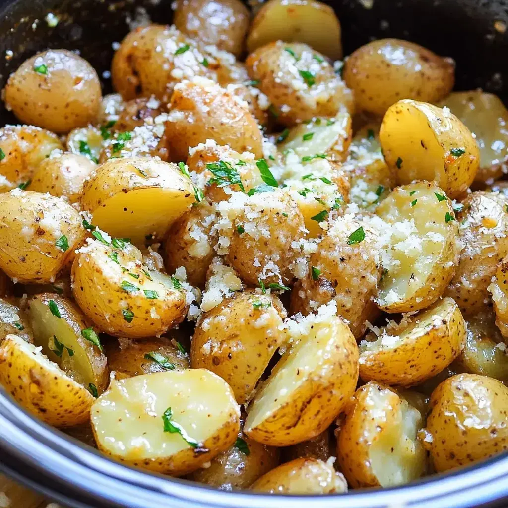 Super close-up shot of baby potatoes, some are halved, all covered with herbs and a pile of grated cheese.