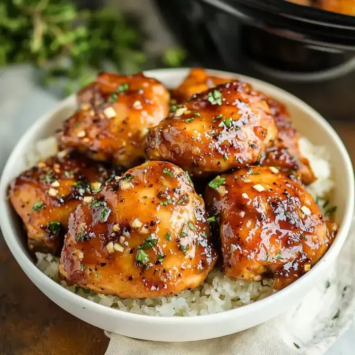 A big bowl with glazed chicken thighs, green herbs on top, all resting on a fluffy bed of white rice.