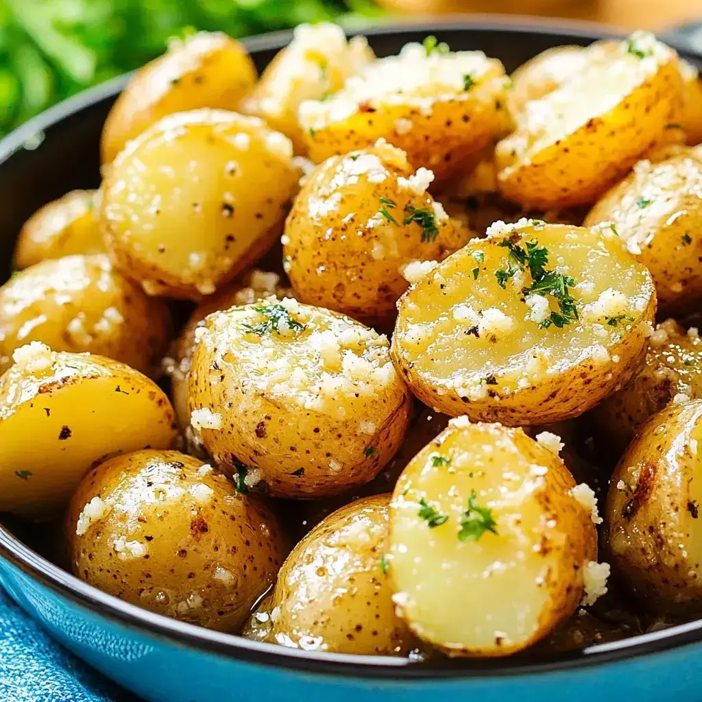 Bright close-up of halved baby potatoes in a navy bowl, topped with grated cheese and sprinkled herbs.