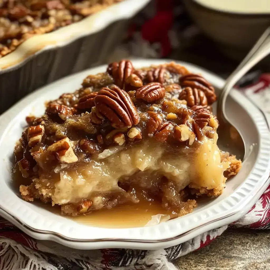 A white plate holds a layered dessert with pecans on top, flaunting its gooey inside with a perfect crust.