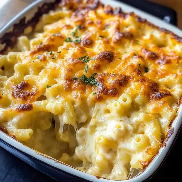 Mac and cheese baked to a deep golden color, topped with gooey cheese and bits of parsley on top.