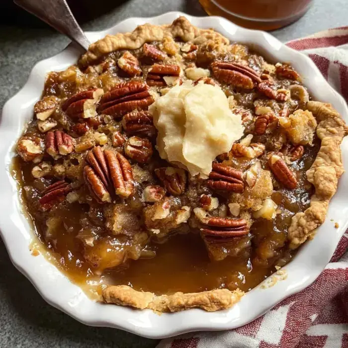 A fresh juicy pecan pie with whipped cream on top sits in a white dish close-up and ready to serve.
