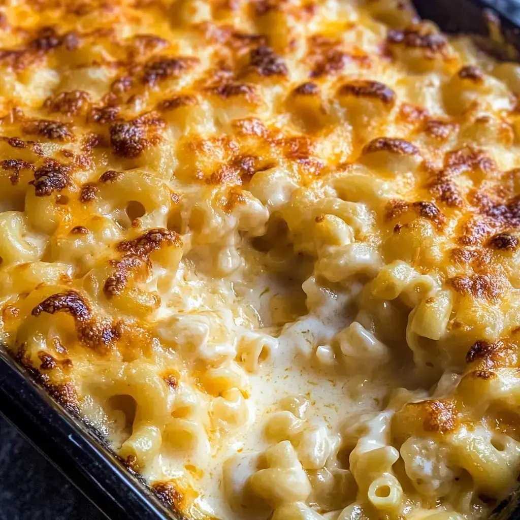 Close-up shot of gooey baked mac and cheese crowned with a golden, crunchy topping.
