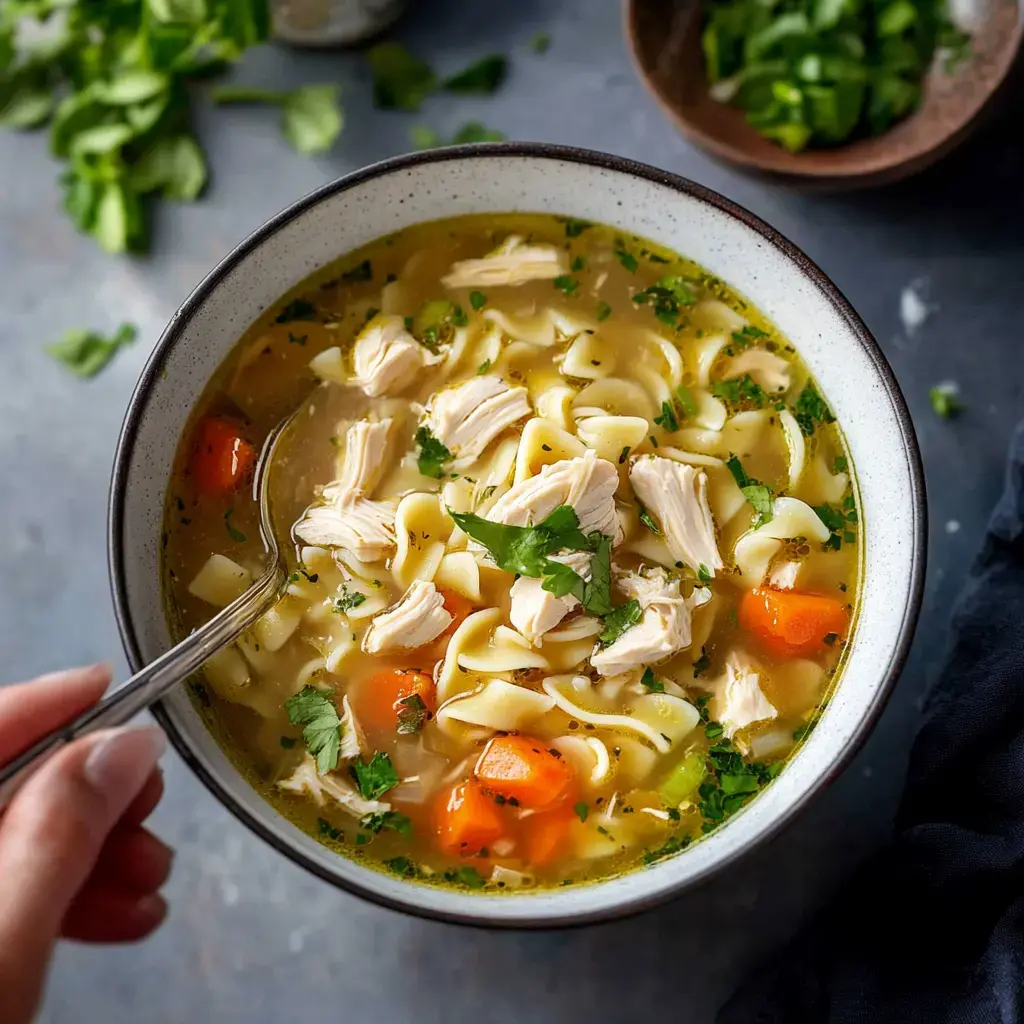 A cozy bowl filled with chicken noodle soup, loaded with carrots and herbs, and finished with fresh cilantro. There’s a spoon nearby for easy scooping.