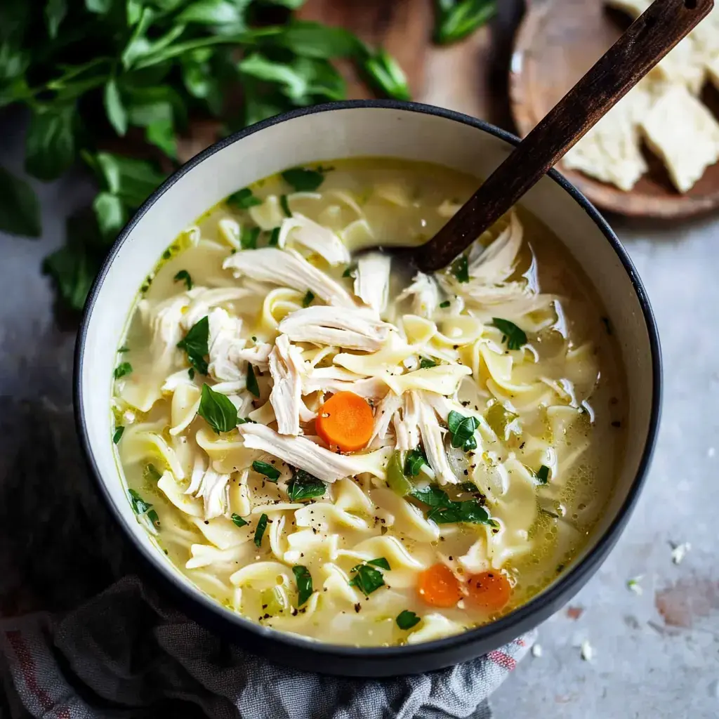 A hearty serving of chicken noodle soup, filled with noodles, chicken, carrots, and lots of parsley, set out with a wooden spoon ready for eating.
