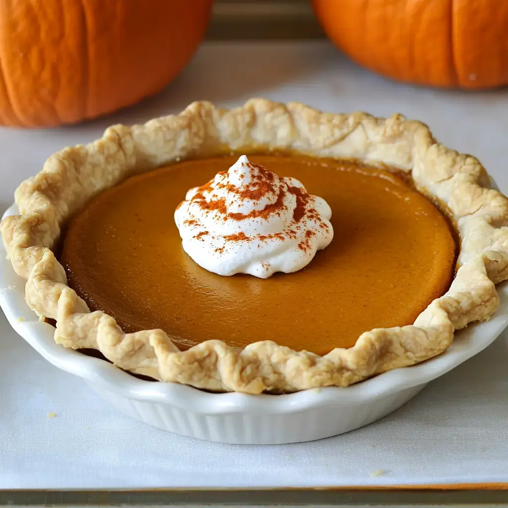Pumpkin pie garnished with whipped cream and dusted with cinnamon, surrounded by pumpkins in the back.