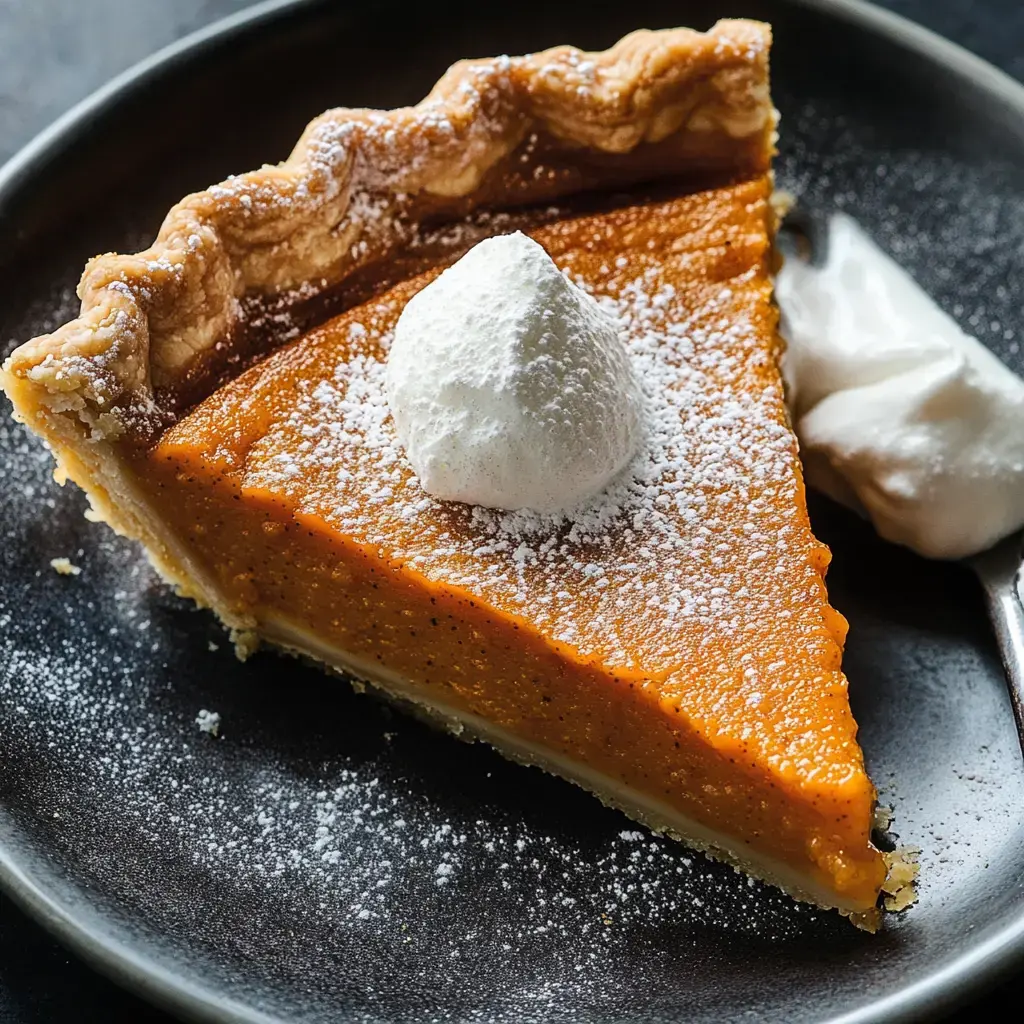 Slice of pumpkin pie finished with whipped cream and powdered sugar, on a black plate.