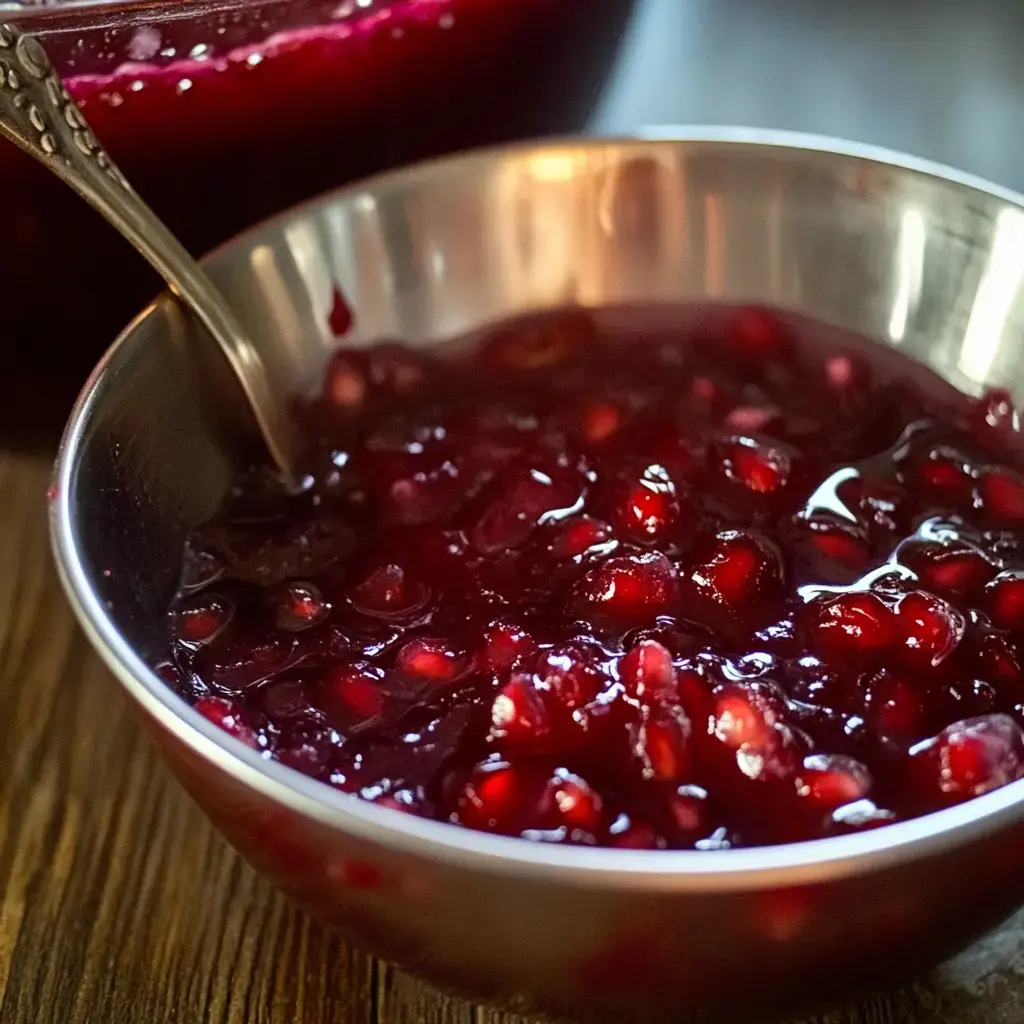 A shiny bowl with thick, bright red pomegranate jelly, topped with fresh seeds, sits on a wood table.