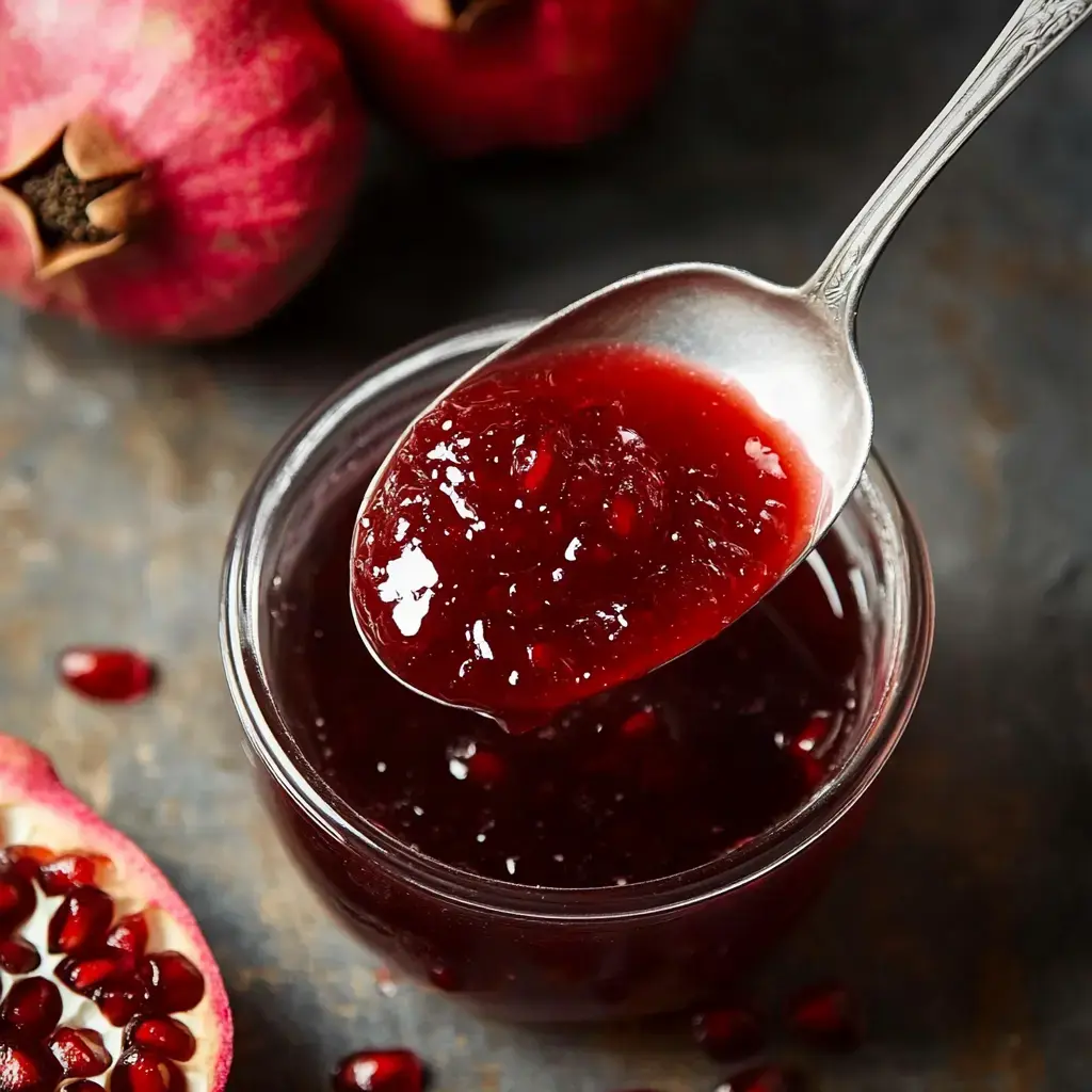 A spoon loads up with ruby red pomegranate jelly from a glass jar, with fresh fruit and seeds scattered around on a dark backdrop.