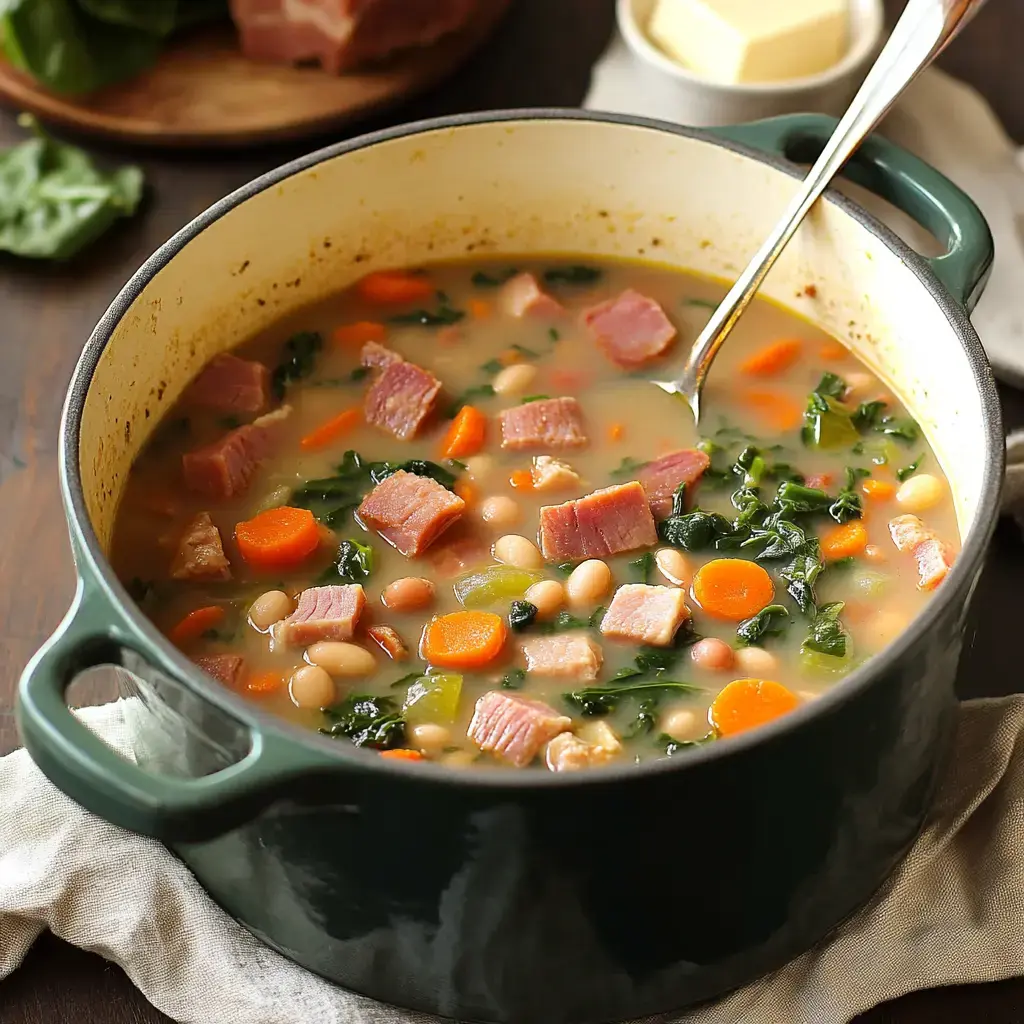 A wooden table with a pot of hearty ham and vegetable soup. A spoon rests inside the pot.