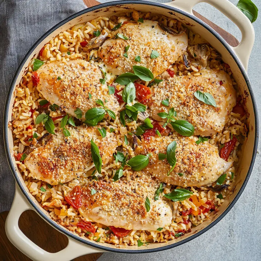 Baked chicken breasts sitting on a bed of rice, topped with basil leaves and crispy breadcrumbs. Colorful, hearty, and ready to serve.