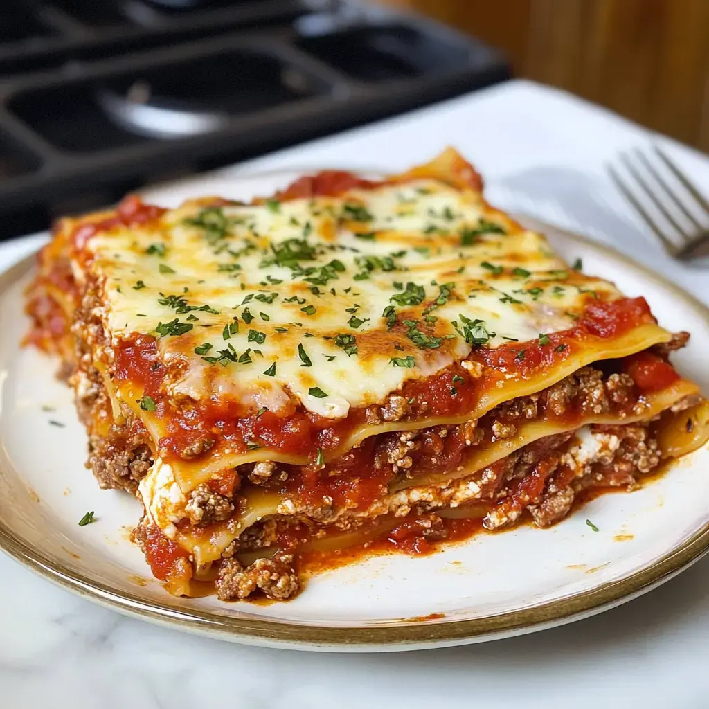 A cheesy lasagna slice with meat and sauce, topped with parsley on a white plate.