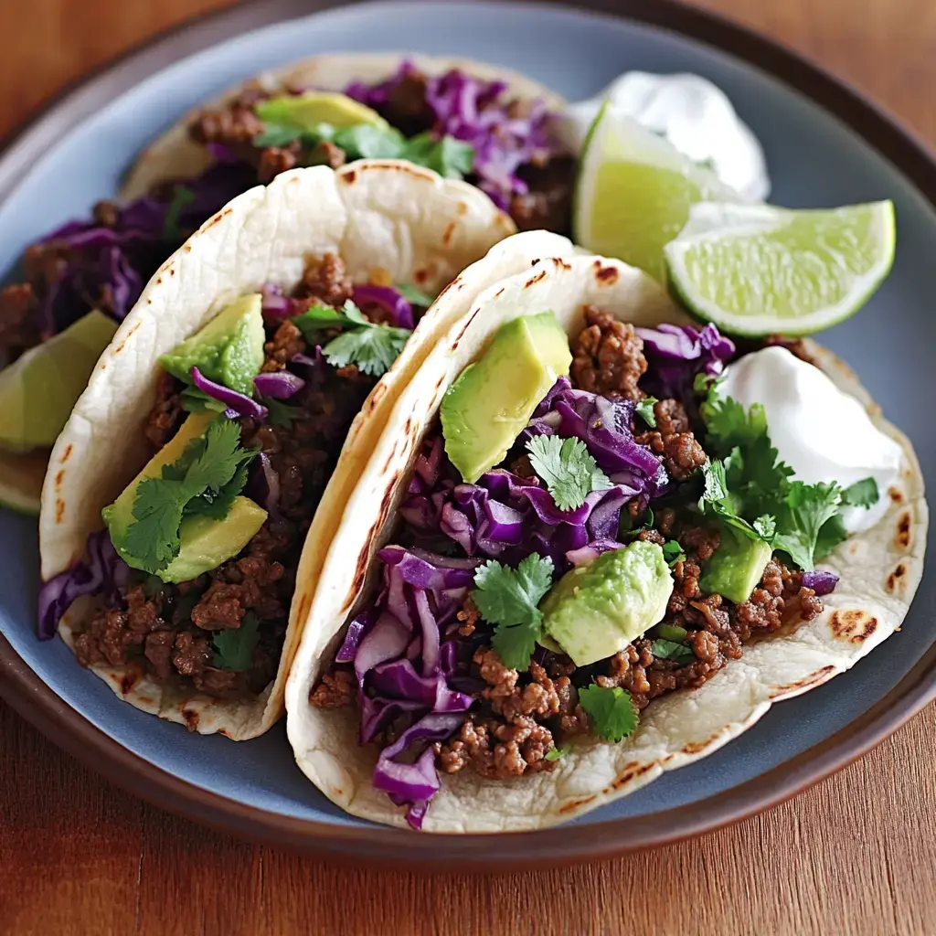 Three wraps stuffed with flavorful ground beef, crunchy purple cabbage, avocado slices, and cilantro. Served with lime slices and a dollop of sour cream on a blue dish.