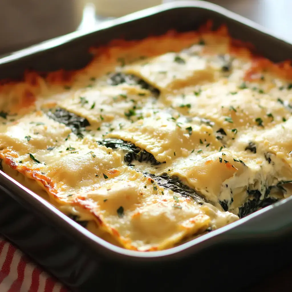 Close-up of cheesy baked lasagna sprinkled with fresh parsley.