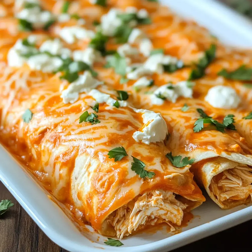 Cheesy chicken enchiladas garnished with sauce, cilantro, sour cream, and served on a platter.