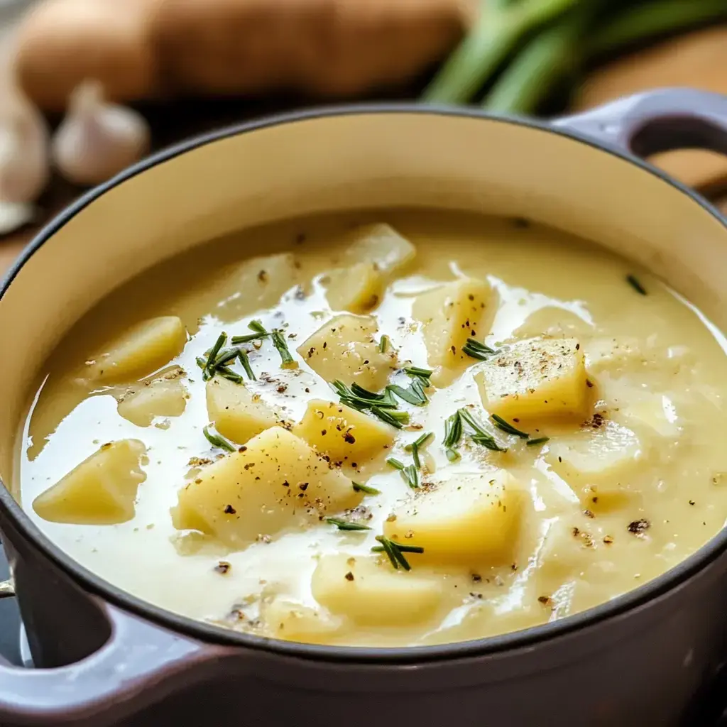 Close-up of creamy potato soup with herbs, set in a purple pot with garlic and veggies nearby.