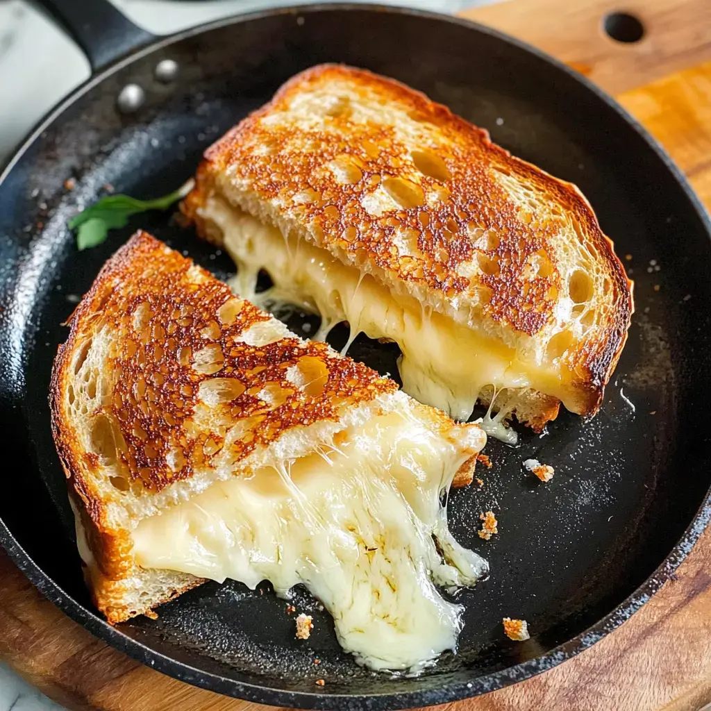Melted cheese dripping from crispy, toasted bread in a skillet.