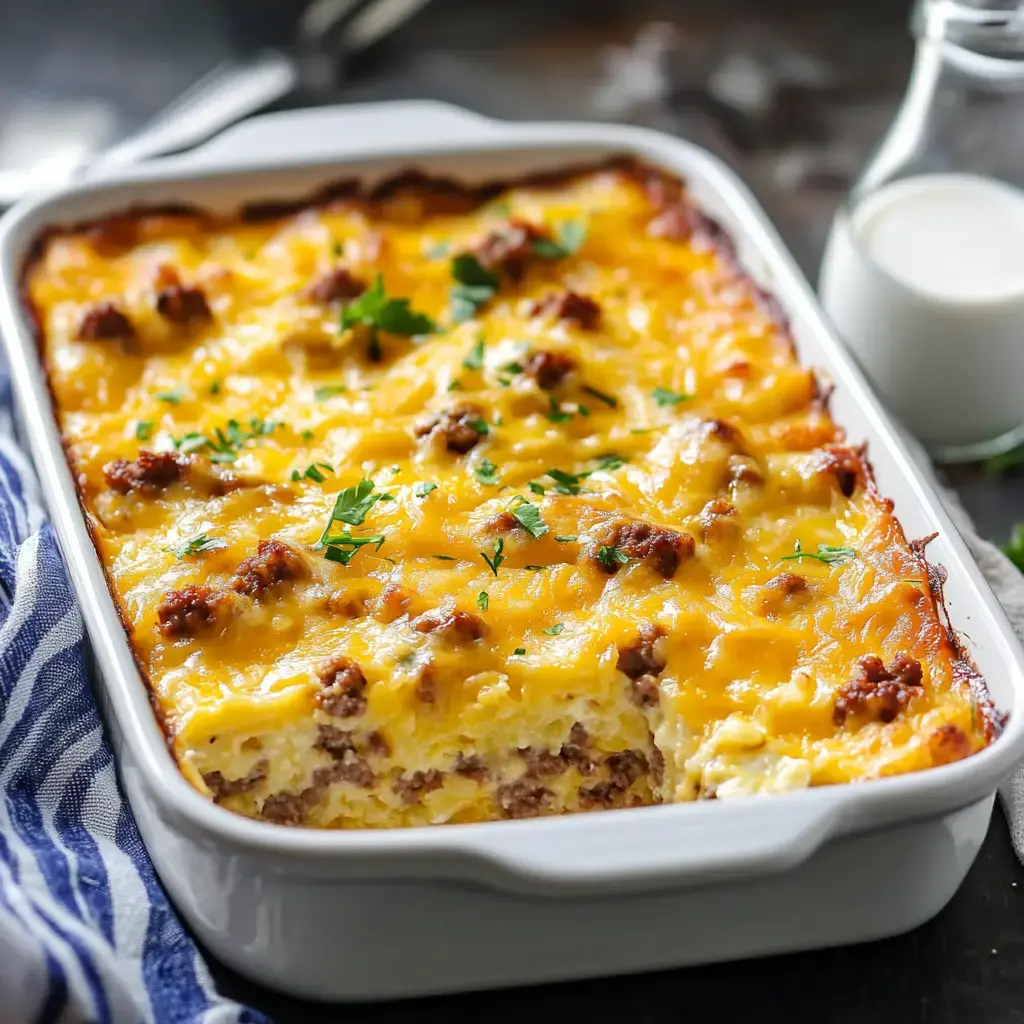 A white dish filled with sausage, melted cheese, and parsley-topped hashbrowns, shown next to a small milk bottle.