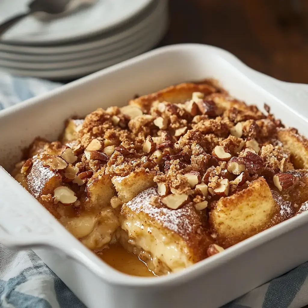 A golden dessert in a white dish, dusted with nuts and powdered sugar. Some portions scooped out with a plate nearby.